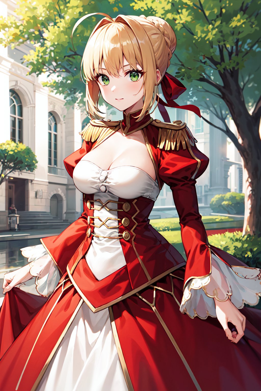 masterpiece, best quality, highres, aanero, ahoge, braid, single hair bun, hair ribbon, green eyes, medium breasts, epaulettes, cleavage, red dress, white dress, puffy sleeves, long sleeves, red sleeves, long skirt, see-through skirt, (white skirt:1.2), <lora:nero_claudius_(fate)_v1:0.7>, standing, cowboy shot, outdoors, looking at viewer, 