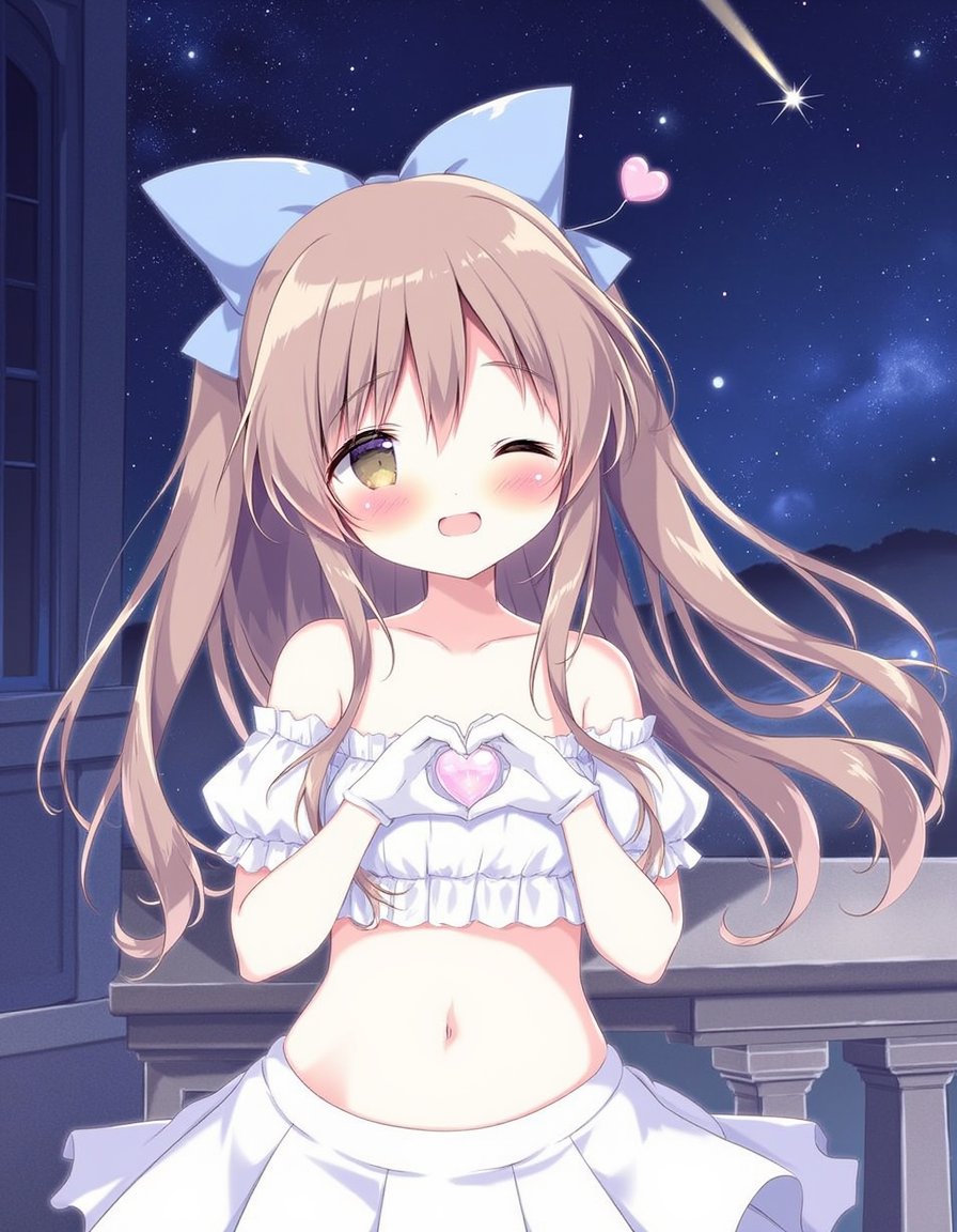 shiratama_(shiratamaco), commentary_request, highres, 1girl, ;d, balloon, bare_shoulders, blue_bow, blush, bow, brown_eyes, brown_hair, crop_top, detached_sleeves, earrings, gloves, hair_bow, hands_up, heart, heart_hands, jewelry, layered_skirt, long_hair, looking_at_viewer, midriff, navel, night, night_sky, one_eye_closed, outdoors, pleated_skirt, puffy_short_sleeves, puffy_sleeves, railing, shooting_star, short_sleeves, skirt, sky, smile, solo, stairs, star_(sky), starry_sky, stone_stairs, two_side_up, very_long_hair, white_gloves, white_skirt, white_sleeves, window, , eshi_100_nin_ten, original, year_2024,, <lora:flux-Shiratamaco-000008:1>