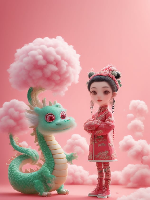 1girl,black hair,hair stick,hair ornament,looking at viewer,chinese clothes,long sleeves,standing,eastern dragon,child,pink background,black eyes,hair bun,smile,arms at sides,full body,braid,boots,dress,closed mouth,dragon,female child,red eyes,simple background,single hair bun,cross-laced footwear,chibi,lbb,<lora:lbb-000008:0.8>,<lora:2Msd15_lcm_lora_rank1:0.9>,<lora:huad10:0.4>,