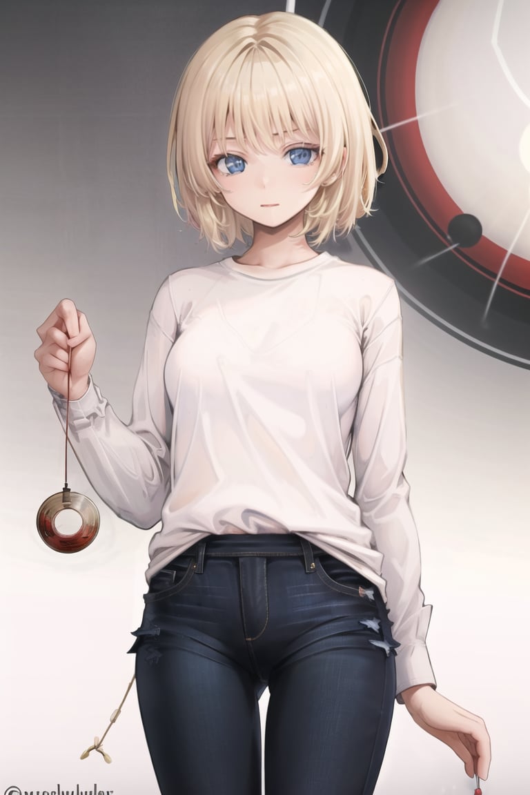 masterpiece, best quality, CG, wallpaper, HDR, high quality, high-definition, extremely detailed, hypnotizing viewer, holding pendulum, white shirt, jeans, blonde hair, short hair, blue eyes