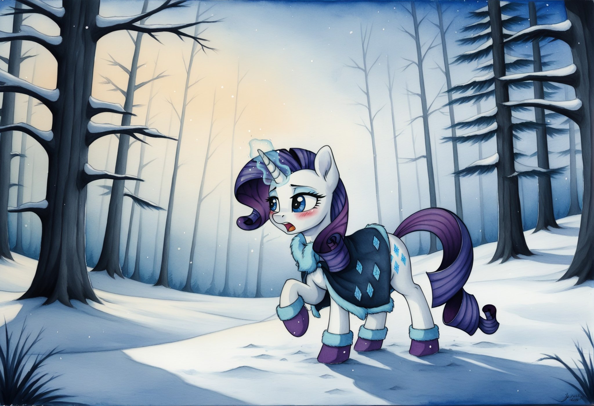 score_9, score_8_up, score_7_up, score_6_up, score_5_up, score_4_up, rating_safe, rarity, female, pony, solo, unicorn, blowing, blushing, cloak, clothes, forest, g4, magic, mittens, open mouth, raised hoof, scenery, snow, traditional art, tree, winter, watercolor painting, detailed, beautiful, detailed background, <lora:Wholesome_MLP-v1.7:1>