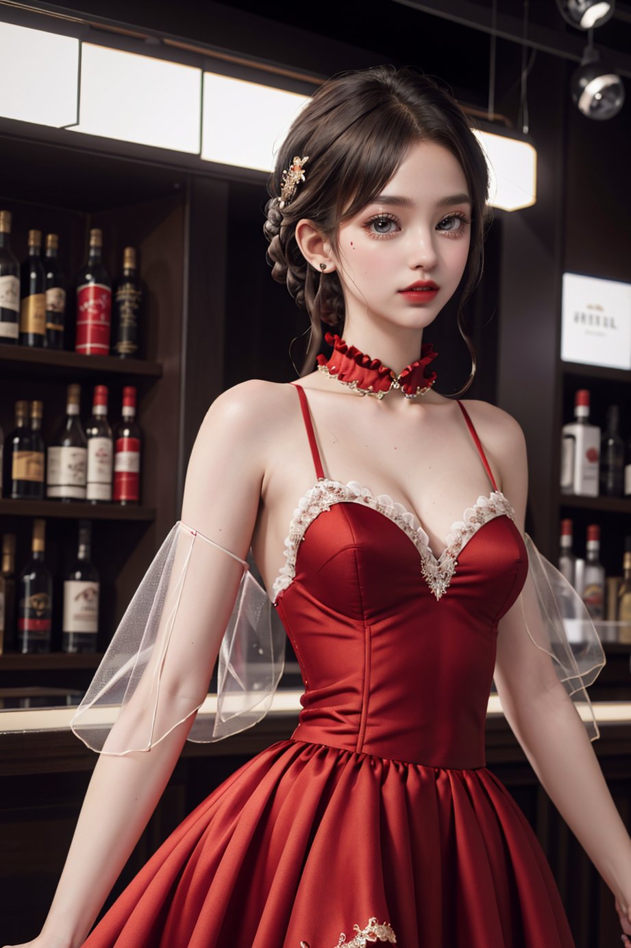 masterpiece,best quality,1girl,solo,red satin ballgown with bodice and red tiered ruffled skirt,walking,upper body,stage,bar,