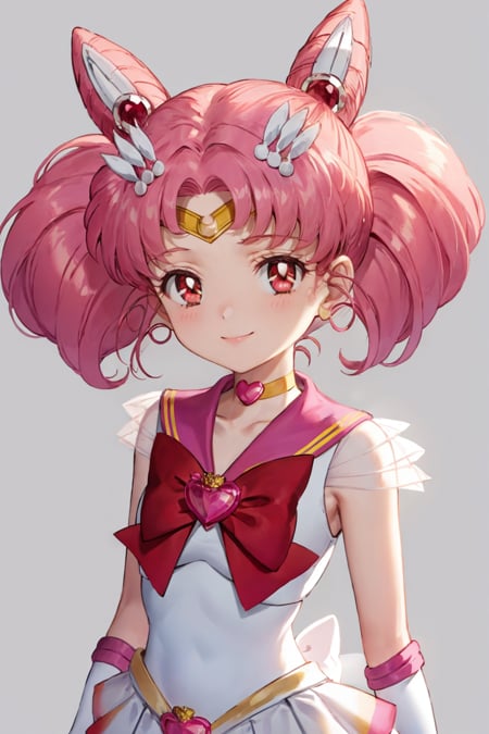 masterpiece, best quality,1girl, chibiusa, pink hair, twintails, cone hair bun, double bun,  red eyes, earrings, hair ornament, tiara,red bow, heart brooch, back bow, bow, brooch, choker, elbow gloves, heart choker, magical girl, multicolored clothes, multicolored pleated  skirt, pink sailor collar, sailor senshi uniform, yellow choker,smile,  upper body, solo, looking at viewer, simple background   <lora:Chibiusa:1>