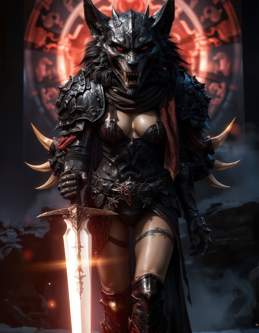 a girl standing in front of huge werewolf, full body armor, holding a glowing sword,a werewolf seems to be a representation of a knight,which is positioned vertically, wearing a costume,posing to viewer, catwalk in front of hot sprint,hot spring background, tattoo on the breasts, tattoo cleavage, (Lower abdomen tattoo),wearing a costume,spot light, dark theme, high key light, rim light, spark holy light reflection,devil armor<lora:hinaFluxFantasyArmorMix-schnell_v1-rev1:0.9> <lora:hinaFluxAsianMixLora-schnell_v1:0.6>