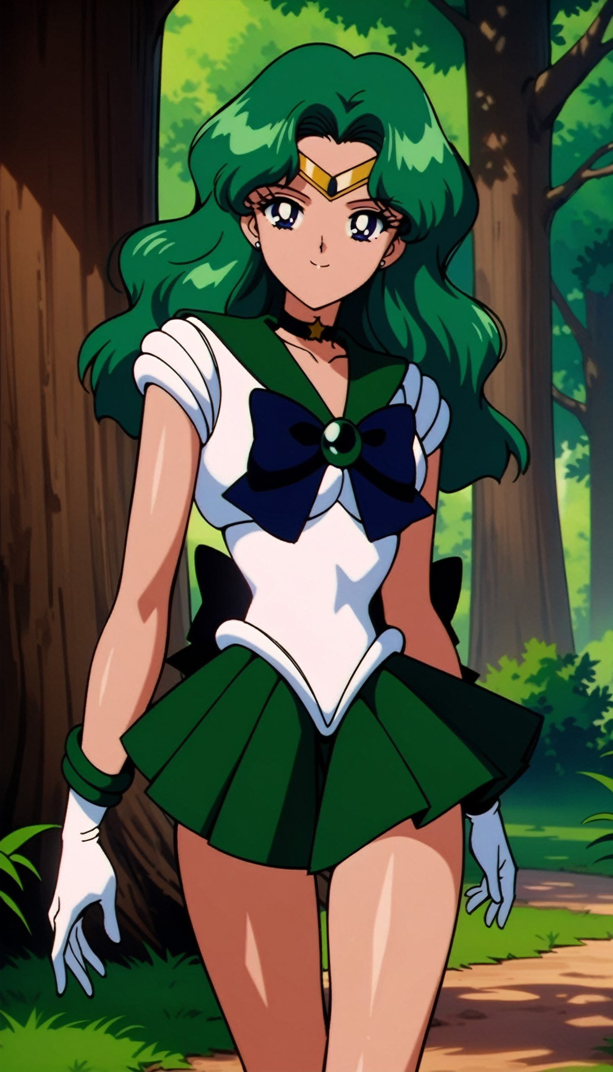 masterpiece,best quality,very aesthetic,ultra detailed,intricate details,<lora:Sailor Neptune XL:0.9>,Sailor Neptune XL,1990s \(style\),1girl,solo,sailor senshi uniform,skirt,gloves,long hair,green hair,green skirt,tiara,choker,white gloves,bow,bare legs,cowboy shot,smile,whispy woods,outdoors,