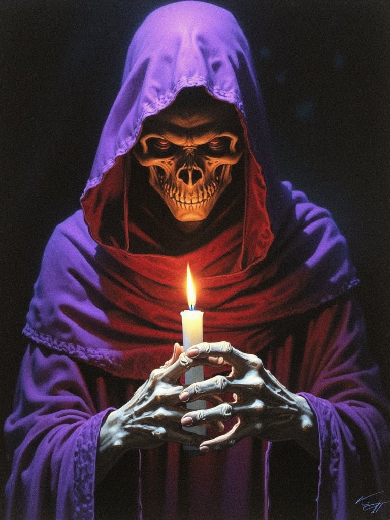 drkfnts style, A dark moody portrayal of a skeletal figure draped in a purple hooded cloak holding a lit candle. The figure's face is obscured by the hood revealing a skull-like visage. The hand of the figure is intricately detailed with visible veins and wrinkles and is adorned with a ring. The candle emits a soft warm glow illuminating the figure's hands and the surrounding darkness. The color palette is dominated by deep purples blacks and the stark contrast of the pale yellow of the candlelight against the deep reds and blacks of the cloak and the figure's skin, dark fantasy, <lora:sxz-Dark-Fantasy-v2-Flux:1>