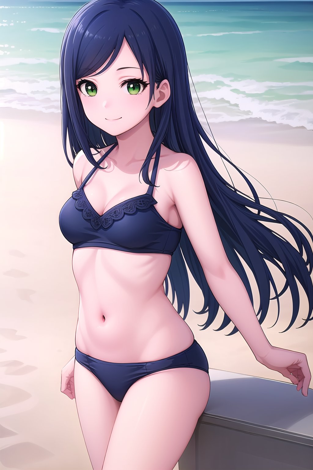 (masterpiece, best quality), highly detailed background, perfect lightingbest quality, juneyIMAS, solo, outdoors, beach, dark blue hair, swept bangs, parted bangs, long hair, green eyes, medium breasts, black bikini, swimsuit, smile, closed mouth, :), <lora:Juney-IM@S-05:0.7>