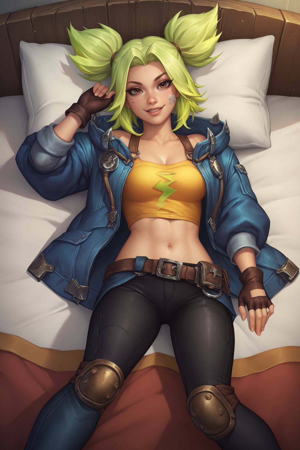 score_9, score_8_up, score_7_up, score_6_up, score_5_up, score_4_up, ZeriLoLXL, brown eyes, green hair, twintails, sidelocks, freckles, bandaid on face, medium breasts, blue jacket, open jacket, yellow midriff, gloves, fingerless gloves, black pants, belt, knee pads, boots, lying on bed, seductive smile, looking at viewer, indoors <lora:ZeriLoLXL:0.7>