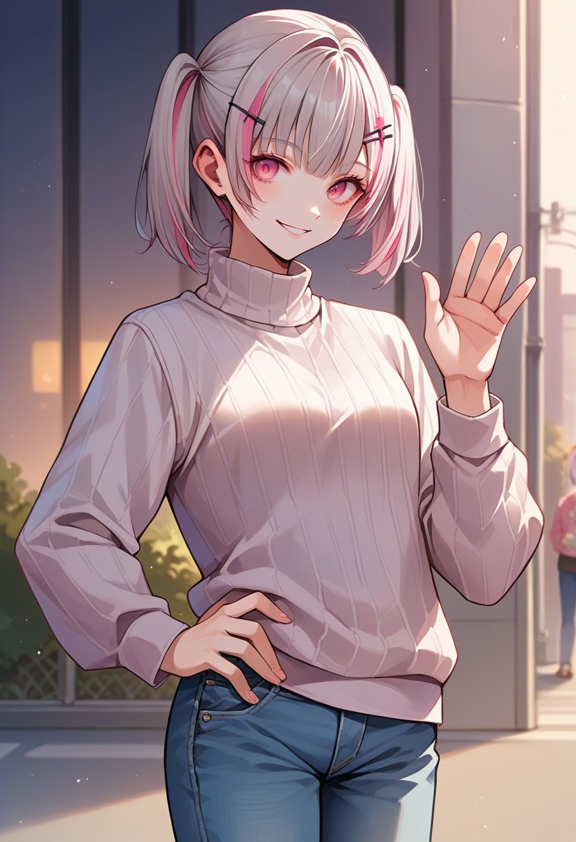 score_9, score_8_up, source_anime, 1girl, solo, AsumiSena, pink eyes, multicolored hair, grey hair, pink hair, short hair, twintails, hairclip, outdoors, sweater, ribbed sweater, jeans, hand on hip, waving at viewer, smile, <lora:ChamAsumiSenaPonyXL:1>