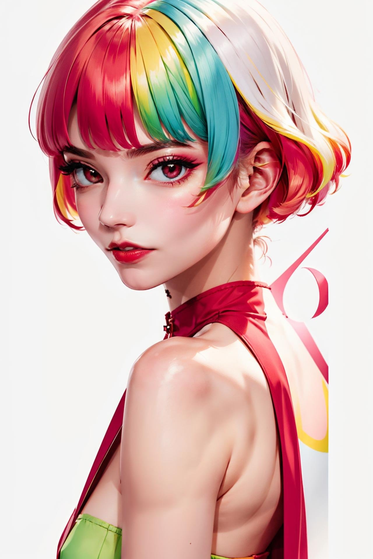 1girl, solo, upper body, looking at viewer, white background, bob cut, short hair, multicolored hair, makeup, parted lips, red lips, eyeliner<lora:anyataylorj0yyv1:1> , anyataylorj0yy