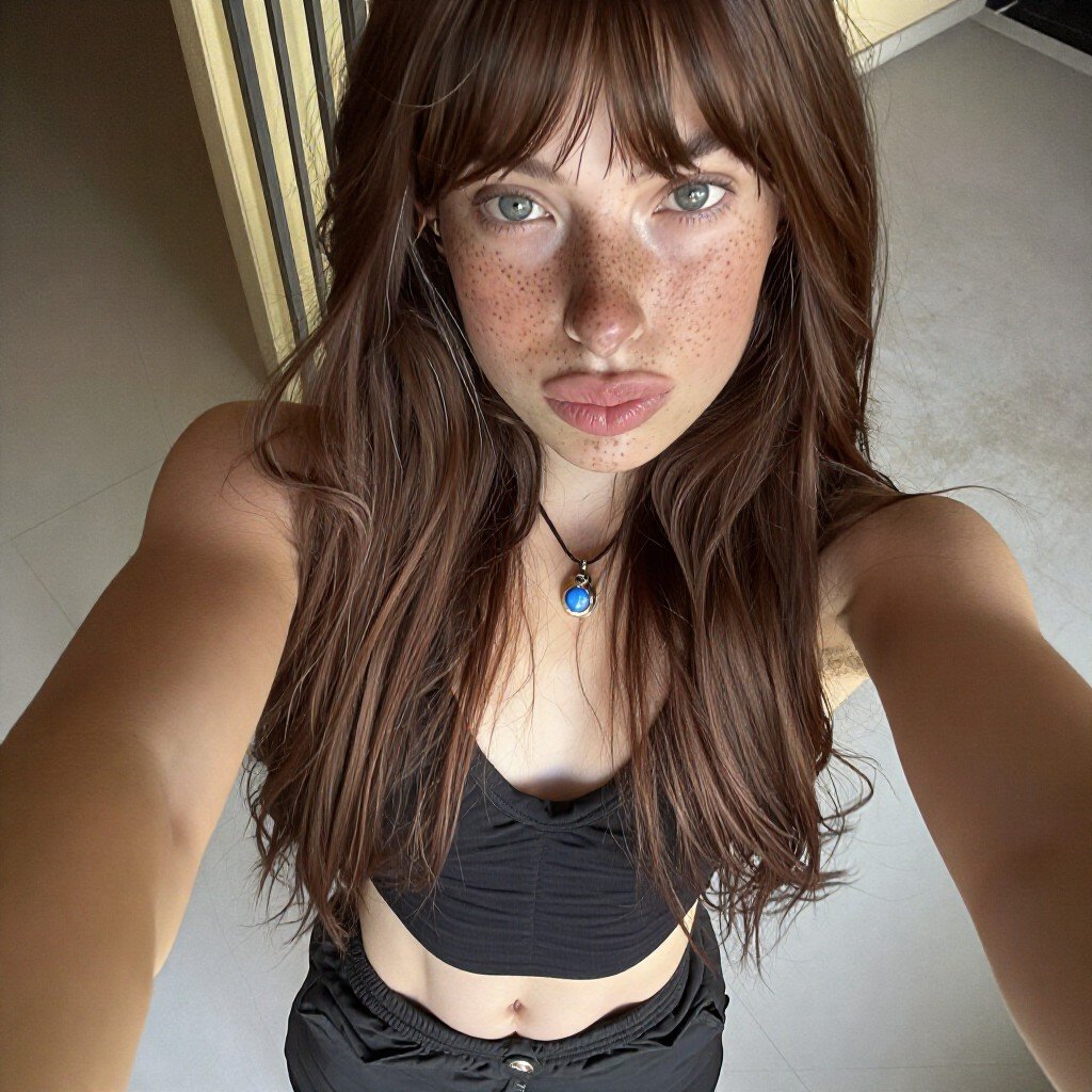 The image is a selfie of a young woman with long brown hair and freckles on her face. She is standing in a room with a til...