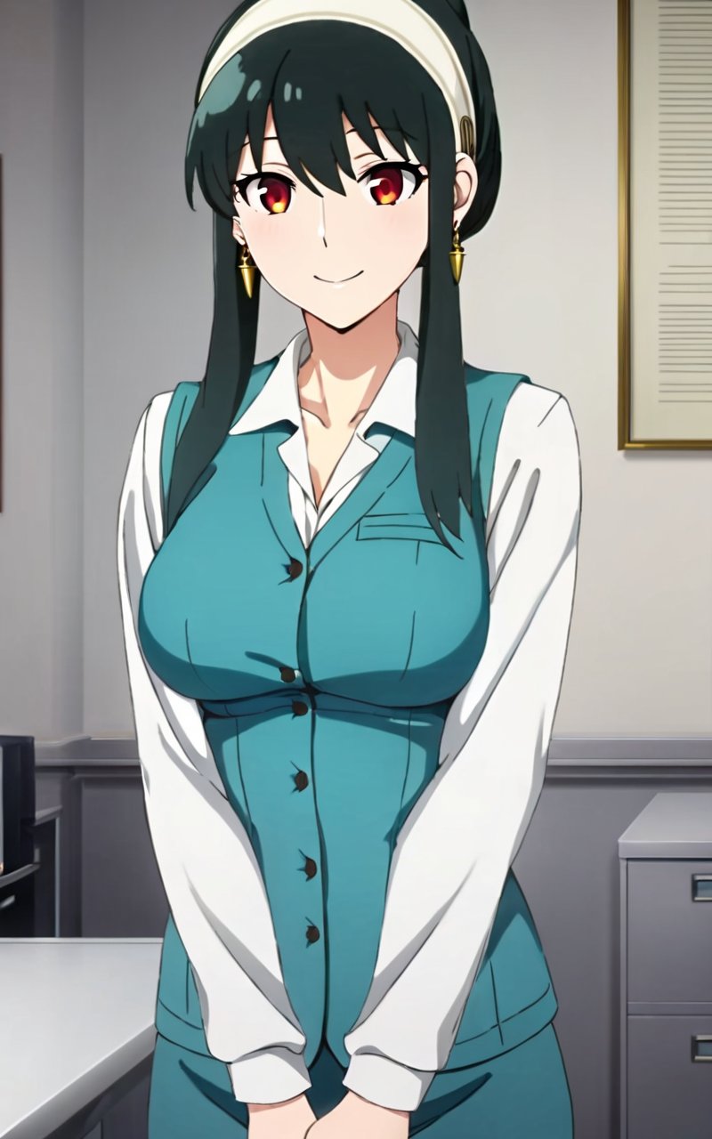 1girl, <lora:sdxl-sf-yor_briar:0.8>, yor briar, jimufuku, updo (folded ponytail hair pulled back), (Folded tied hair), white open-collared shirt, turquoise vest, turquoise Pencil Skirt, office, office , black pantyhose, white hairband , black hair sideburns, (slanted eyes) red eyes, medium breasts, shiny hair, bangs, gold earrings, long locks, hair between eyes, skindentation smile :> , extremely quality extremely detailed, illustration, cute anime face