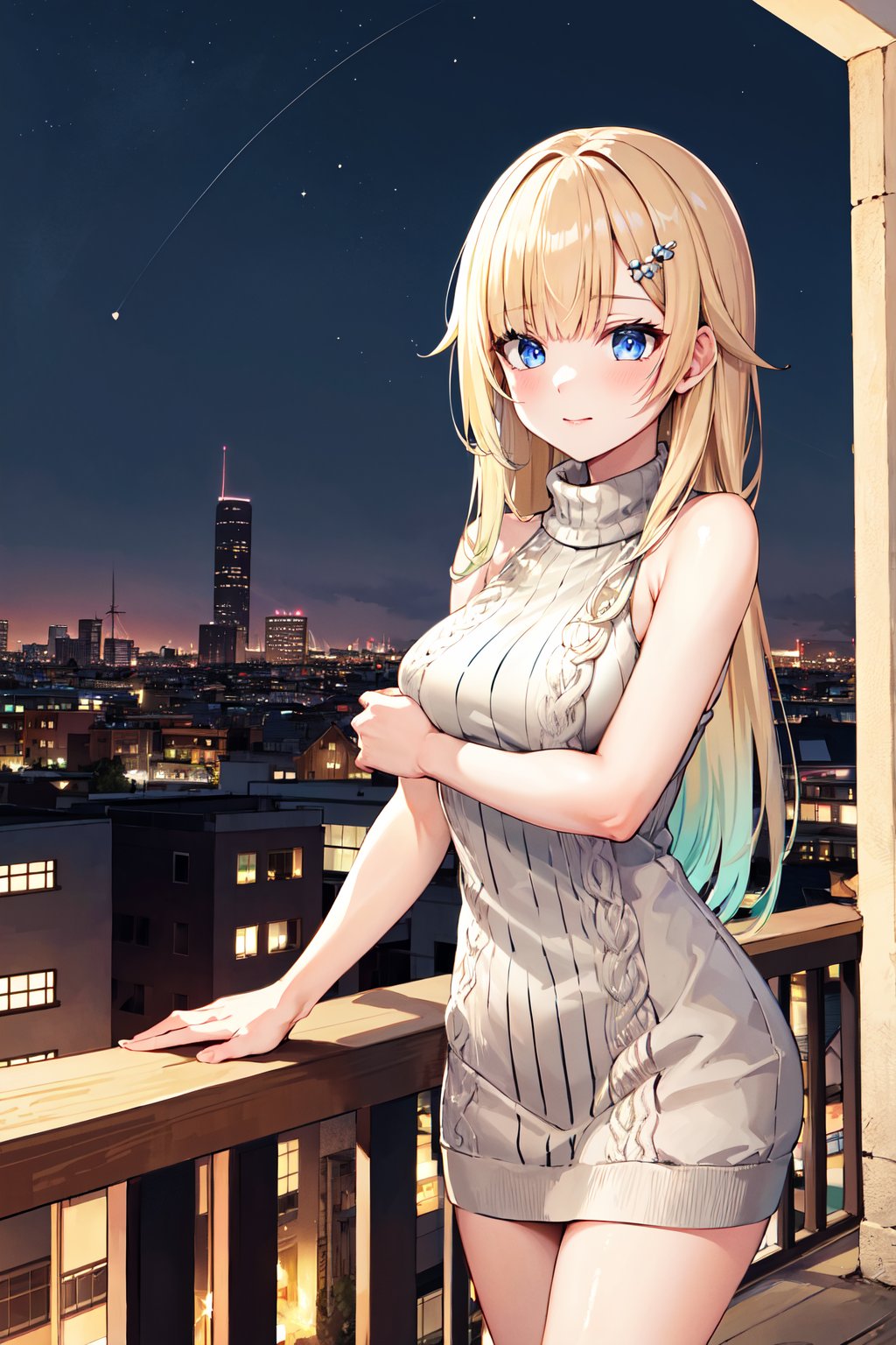 masterpiece, best quality, highres, aaema, long hair, gradient hair, hair ornament, <lora:aizawa_ema_v1:0.7>, sweater dress, ribbed sweater, virgin killer sweater, sleeveless, night, outdoor, city,