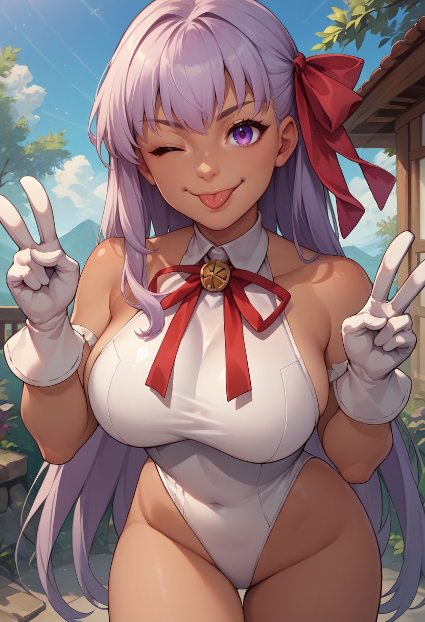 score_9, score_8_up, score_7_up, source_anime, solo, 1girl, bbswimst3, dark skin, smile, closed mouth, tongue out, looking at viewer, v, hair ribbon, one eye closed, white leotard, neck ribbon, white gloves, large breasts, outdoors <lora:fate_bb_ponyXL:1>