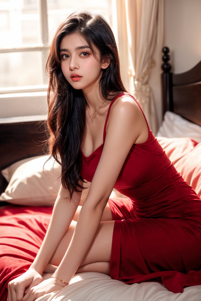 beautiful cute young attractive indian teenage girl,  village girl,  18 years old,  cute,  Instagram model,  long black_hair,  colorful hair,  warm,  dacing,  in home lay on bed in a red velvet dress,  full body, 1 girl,<lora:EMS-179-EMS:0.800000>,<lora:EMS-1093-EMS:0.800000>