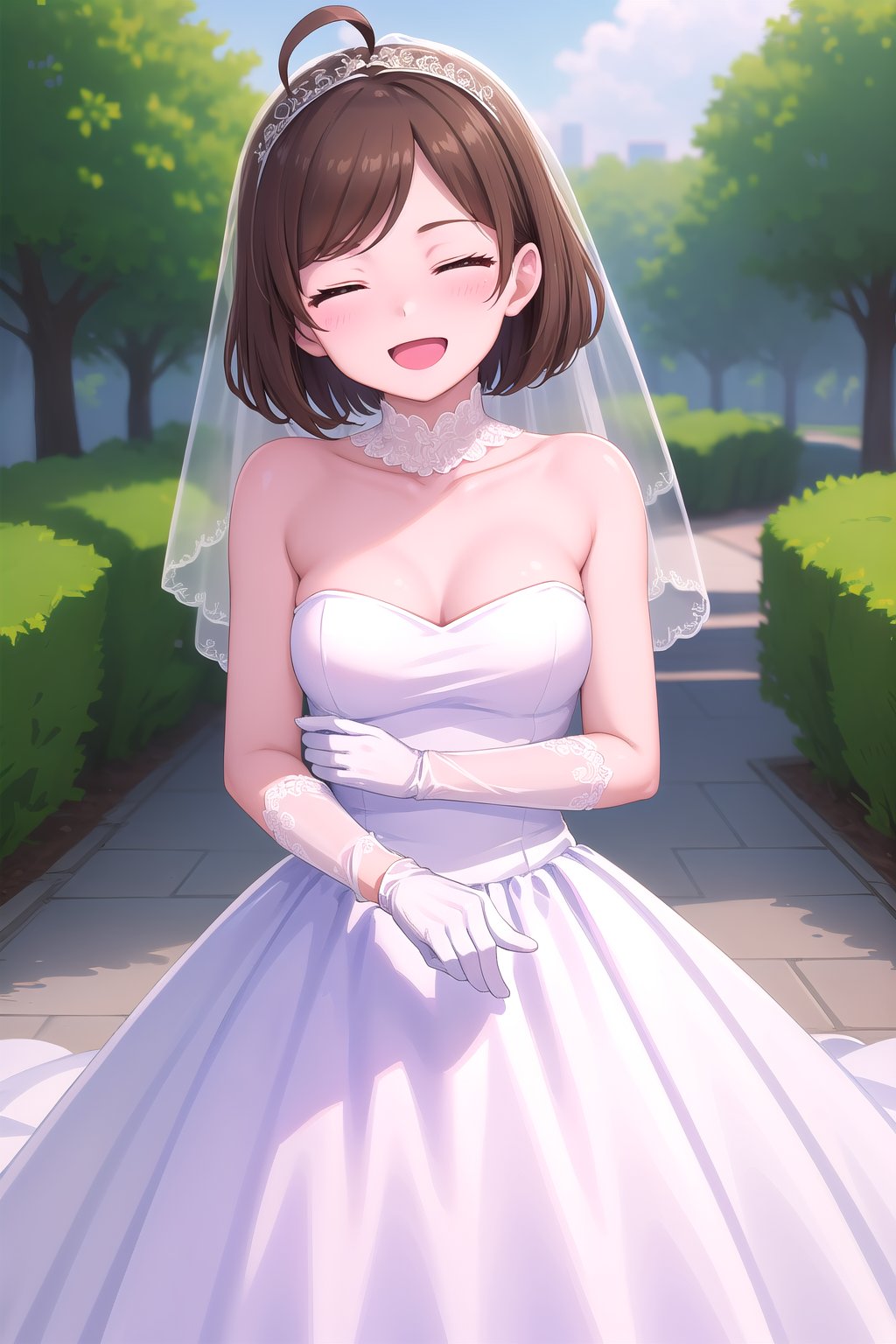 (masterpiece, best quality), highly detailed background, perfect lightingbest quality, imyujin, solo, outdoors, nature, bridal veil, brown hair, ahoge, swept bangs, parted bangs, short hair, closed eyes, medium breasts, wedding dress, white dress, white gloves, frilled skirt, smile, open mouth, ^o^, <lora:Im-Yujin-05:0.7>