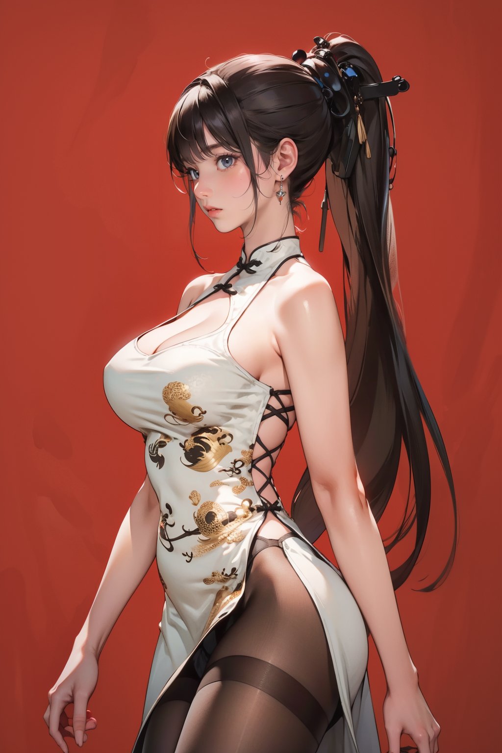 1girl,solo,red background,very long hair,high ponytail,,ruanyi0608,bare shoulders,black pantyhose,china dress,cleavage,side slit,white dress,<lora:0608 Stellar Blade (national color peony)_v1:1>, best quality,masterpiece,highres,official art,extremely detailed cg unity 8k wallpaper