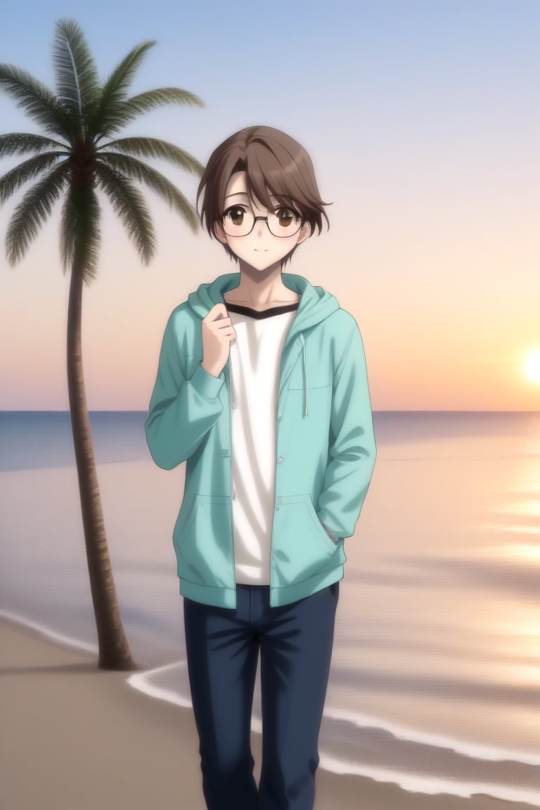 Highly detailed, High Quality, masterpiece, beautiful, BREAK 1boy, solo, male focus, 16 years old, yuuki ashikaga, brown hair, brown eyes, short hair, glasses, man's chest,BREAK beach, palm trees, sea, outdoors, sunset, BREAK open clothes, pants, green Hoodie, T-shirt, Hoodie, long sleeves,BREAK Front view, Focus waist, standing<lora:EMS-438646-EMS:1.000000>