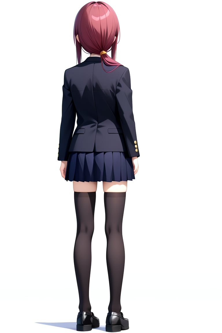 Highly detailed, High Quality, masterpiece, beautiful, 1girl, solo, skirt, simple background, long sleeves, white background, school uniform, (black jacket:1.5), female focus, pleated skirt, black skirt, arms at sides, thighhighs, black thighhighs, zettai ryouiki, shoes, headless, from back, back view<lora:EMS-418350-EMS:0.800000>