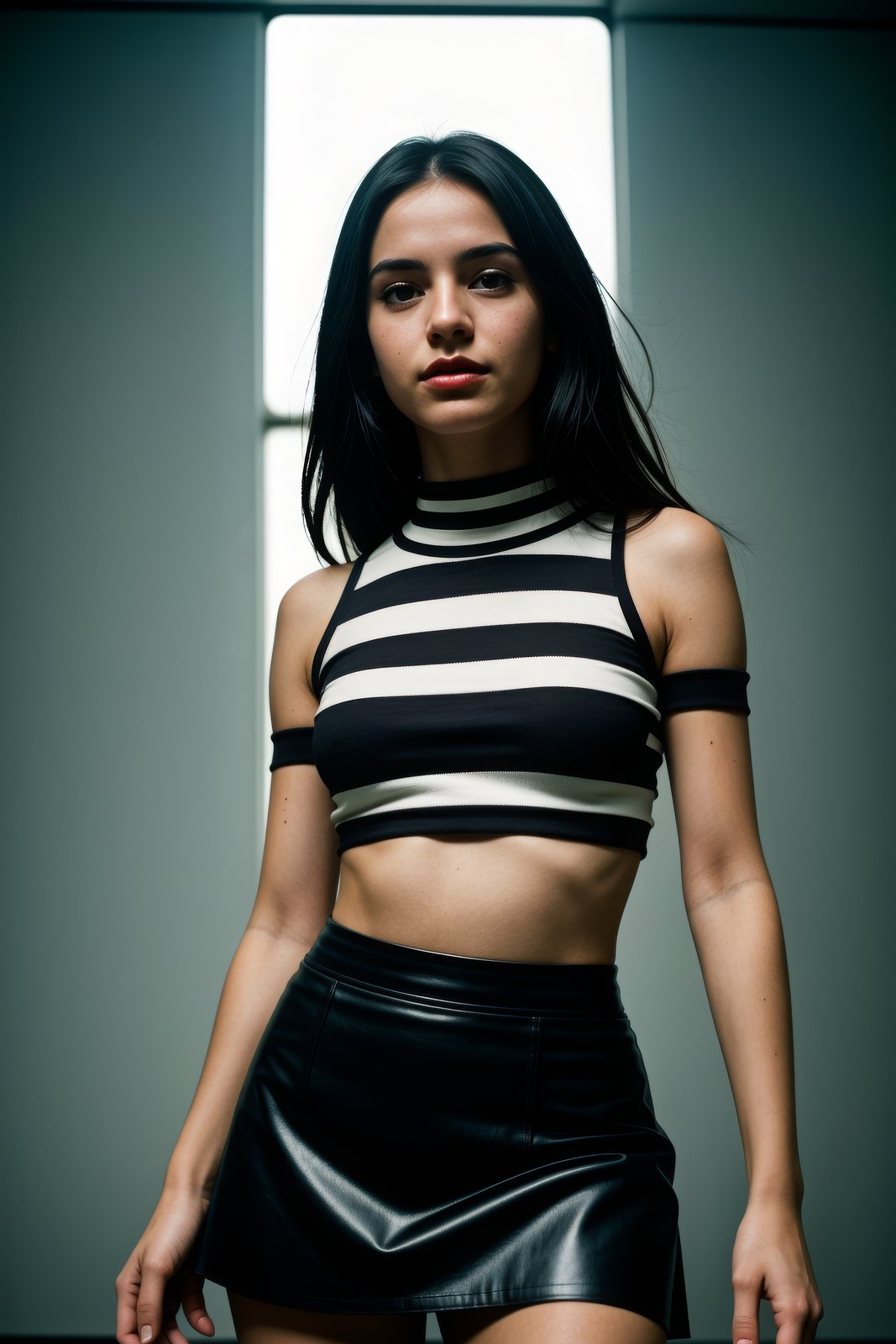 beauty photo of a beautiful young woman, quizzical expression, striped mock-neck top with a leather mini skirt, lower body, under shimmering light, worm's eye view, shot on a Bolex H16