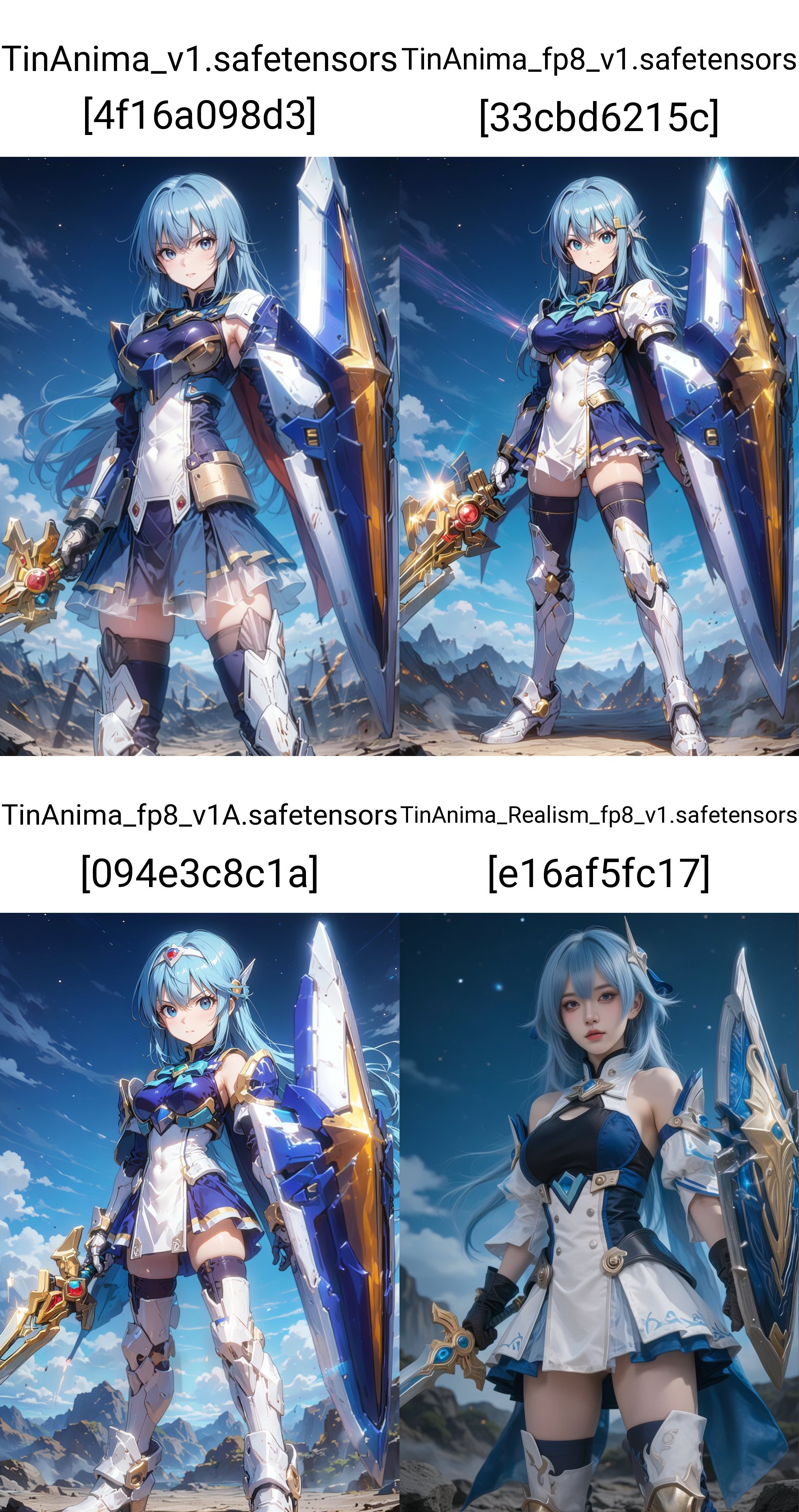 Anime-style digital artwork of a busty,  blue-haired female warrior in futuristic armor and skirt,  holding a large shield...