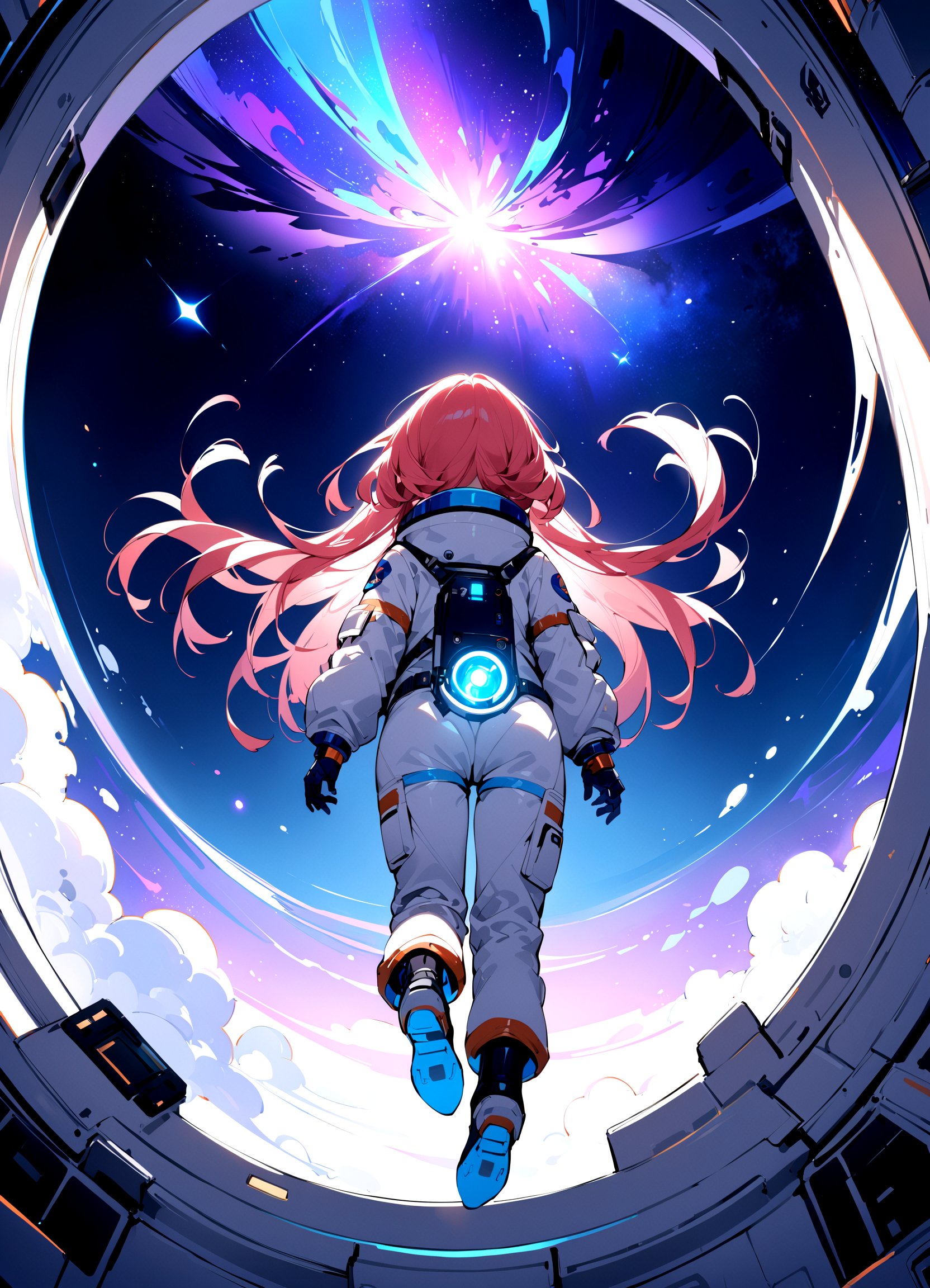 masterpiece,best quality,Cell shaded illustration. Petite female astronaut with very long glowing light red hair,hair floating in zero gravity,(floating in space station),blue and violet nebula,electric blue glowing swirl tattoos,glowing,from below,from back,back to the camera,look away,(space suits),(floating in air),sole