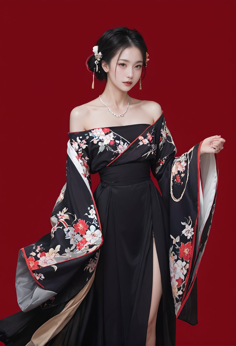 red background,1girl,solo,,ruanyi0766,floral print,hanfu,jewelry,off shoulder,wide sleeves,barefoot,strapless,black dress,<lora:0766 Northern and Southern Dynasties Hanfu_v1_pony:1>, score_9,score_8_up,score_7_up,,8k,1girl,solo,