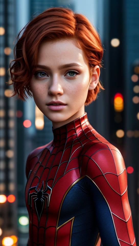 Closeup fullbody portrait of teeny female Spiderman, ginger short hair, city, intricate background, atmospheric scene, masterpiece, best quality, (detailed beautiful face, detail skin texture, ultra-detailed body:1.1), fantasy, feminine+, shiny wet skin, looking at viewer, modelshoot style, (extremely detailed CG), photo of beautiful artwork, High Detail, Sharp focus, dramatic+, (photorealistic), Intricate, handsome,