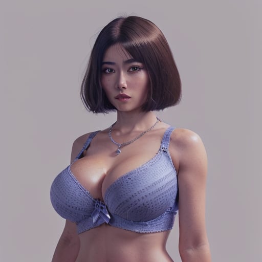 (32k, hyper quality, highly detailed, masterpiece, absurdres:1.4)), (detail face, detailed eyes, detail hair), photorealistic, detailed skin texture, (high quality:2), ultra realistic (Ultra detailed face:1.2), (detailed eyes), (detailed body), 1girls, a Pretty asian woman, korean woman, (silver necklace:1.2), ((35years old)), black hair, bare shoulders, ((medium bob hairstyle:1.3)), bare shoulder, ((big breasts:1.35)), big cleavage, (painted lips, red lips:0.8), ((thick body:1.5)), wearing ((SCELTA BLUE BRA)), standing position, (upper body shot:1.5), standing, simple white background