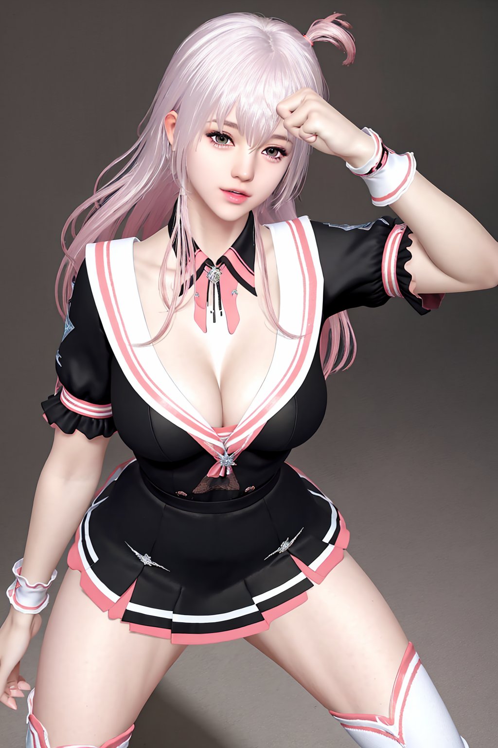 (8k, RAW photo, best quality, masterpiece:1.2),(realistic, photorealistic:1.3),ultra-detailed,extremely detailed cg 8k wallpaper,(crystalstexture skin:1.2),extremely delicate and beautiful,1girl,solo,thighhighs,long hair,skirt,pink hair,photo_\(medium\),(breasts, medium_breasts, cleavage),looking at viewer,standing,nude,spread legs, 