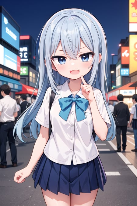 <lora:smugface_v100:1>insanely detailed, absurdres, ultra-highres, ultra-detailed, best quality,1girl, solo, nice hands, perfect handsBREAKsummer school uniform, (plain dark blue skirt with many pleats:1.4), (striped indigo blue bowtie:1.3), short sleeves, white shirt, shirt with white button, shirt_tucked_in    BREAK    (breast pocket, vest, blazor, long sleeves, checked skirt, striped skirt, striped shirt, striped sleeves, bra visible through clothes, skirt with frill:-1)BREAK(nsfw:-1.5)BREAK(nsfw:-1.5)BREAKsmug, open mouth, fangBREAKstanding, cowboy shot, looking at viewerBREAKslender, kawaii, perfect symmetrical face, ultra cute girl, ultra cute face, ultra detailed eyes, ultra detailed hair, ultra cute, ultra beautifulBREAKin street, cityscape in akihabara, depth of field, ultra detailed backgroundBREAKturquoise blue hair, black eyes, flipped hair, hair between eyes