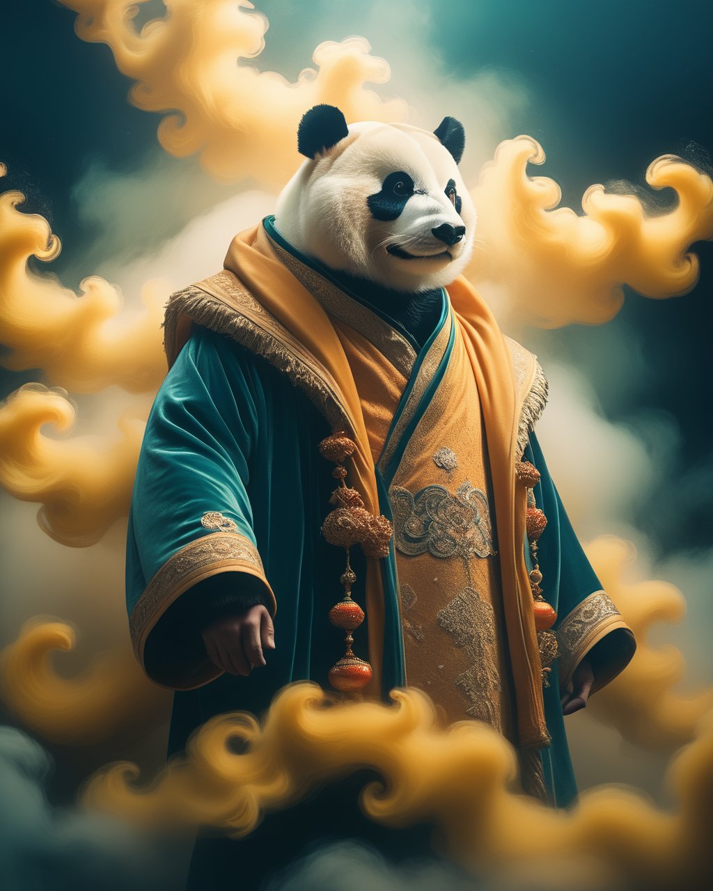 Googie Art Style, (cinematic still  Giant Panda 大熊猫 Endearing bears with black and white fur known for their love of bamboo inhabiting mountainous regions in China:1.9),(male:0.9),(Knolling Photography:0.7),(muscular male:1.1),super detail,(glass shiny (textured skin):0.3),high details,(back:0.1),(burly:0.1),(magic:1.1),(well defined:1.2),(clothing:1.3),<lora:XL_LORA_DetailedEyes_V3:0.9>,(cloud and fog:0.4),(close-up:0.8),(upper_body:0.5),(portrait:0.9),(dim:0.2),(vibrant energy:0.4),(fullbody:0.3),<lora:SDXL手绘神秘风塔罗牌_v1.0:0.4>,(true style:1.5),(masterpiece:0.8),(analog:0.5),(old photo:0.4),(old fade polaroid:0.4),(furry:0.6),(dynamic:0.5),(dramatic:0.4),(Luminsm:0.8),(Non-Fiction:0.8),(optical illusion:0.8),(impression of movement:0.8),(traditional dress:0.4),<lora:dongdongXL0101FANT8Kdep:0.4>,<lora:Love_is_in_the_air_SDXL:0.2>,(dynamic posture:0.2),(muscular:0.8),(black myth:0.5),(diablo fantasy:0.6),(dark atmosphere:0.8),<lora:XL_Erleiye_lora:0.5>,. emotional,harmonious,vignette,highly detailed,high budget,bokeh,cinemascope,moody,epic,gorgeous,film grain,grainy,<lora:SDXL描金国潮：中国神话_v1.0:0.3>,(darkness:0.8),, dynamic, dramatic, 1950's futurism, bold boomerang angles, Googie art style