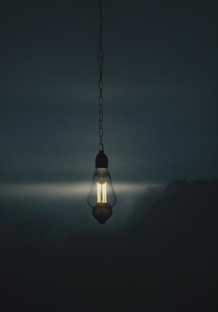 nematic shadow, (silhouette), standing, fog, gray skies, cinematic lighting, (light bulb, hanging, light particles:1.2), horizon, water drop, epic, depth of field, film grain, <lora:CineStyle5:0.25> Cinematic