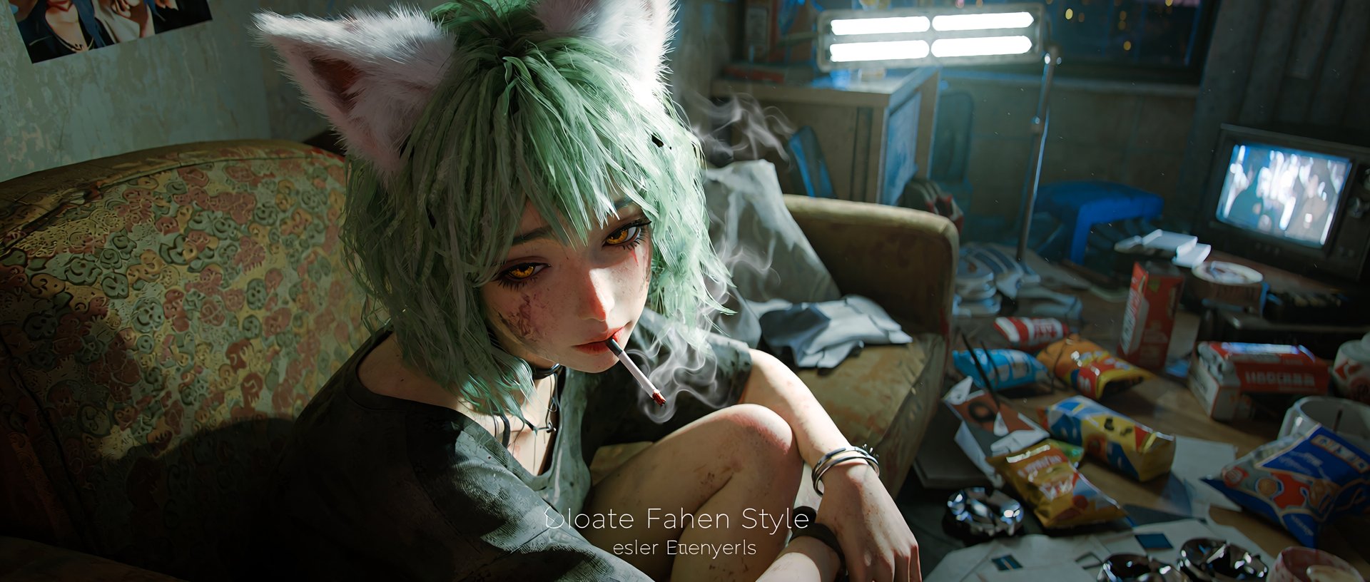 A cinematic,  moody close-up shot of a disheveled young woman with large,  white by Mena on Tensor.Art