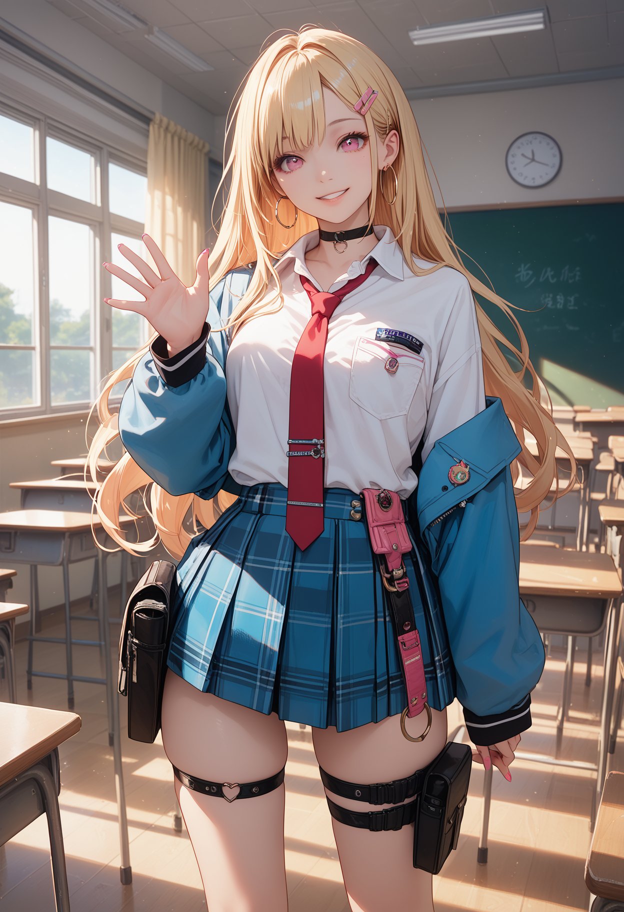 1girl,solo,pink eyes,blonde hair,long hair,hairclip,hoop earrings,black choker,white shirt,red necktie,loose necktie,breast pocket,blue jacket,plaid skirt,standing,looking at viewer,pink nails,parted lips,thigh strap,thigh pouch,standing,indoors,classroom,smile,waving,, score_9,score_8_up,score_7_up,