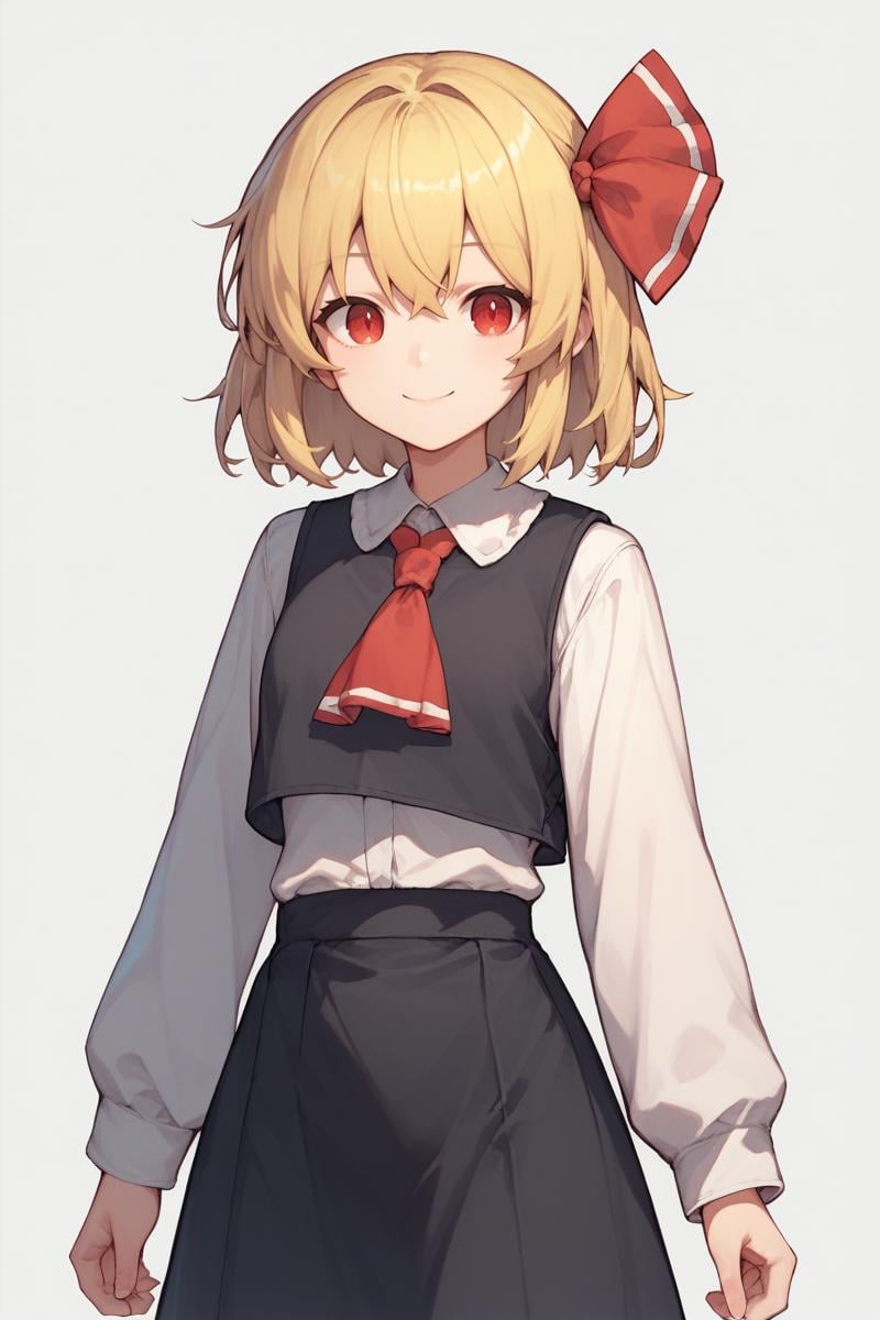 score_9, score_8_up, score_8, score_9, 1 girl, source_anime, black vest, white shirt, long sleeves, black skirt, blonde hair, red eyes, red ascot, hair ribbon, rumia, <lora:rumia_pony-10:1>, smile, cowboy shot, 