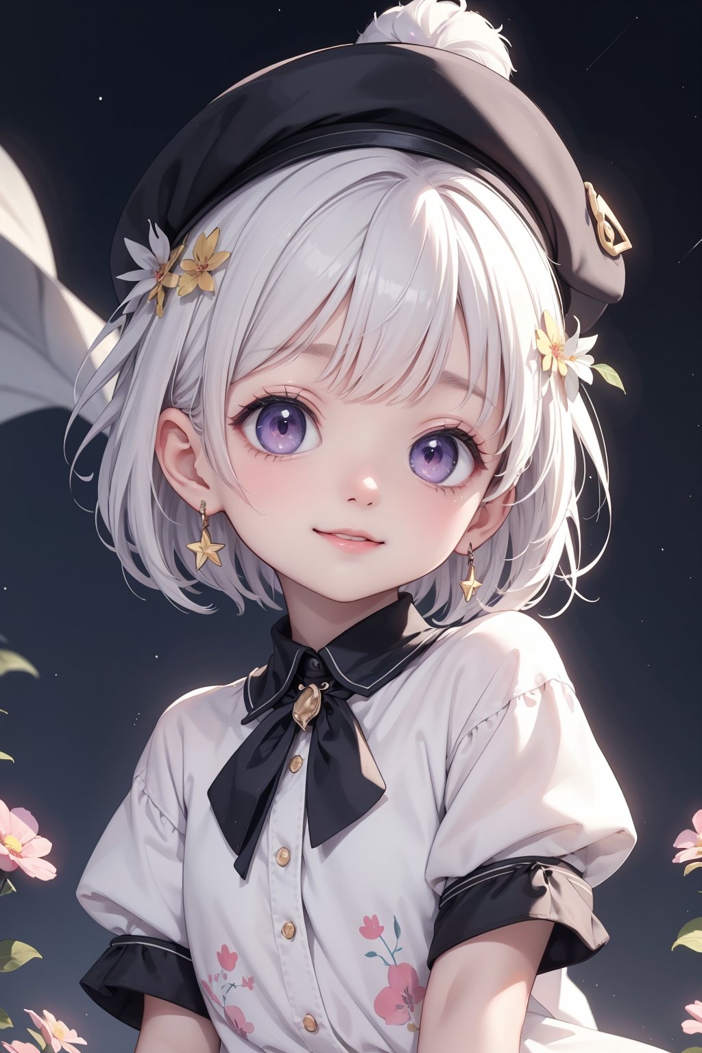 1girl,heart,white hair,background,short hair,earrings,jewelry,hat,Shirt,solo,full body,Flower,Purple theme,short sleeves,print shirt,seductive_smile,heterochromia,stars in the eyes,messy floating hair,colored inner hair,Starry sky adorns hair,depth of field,