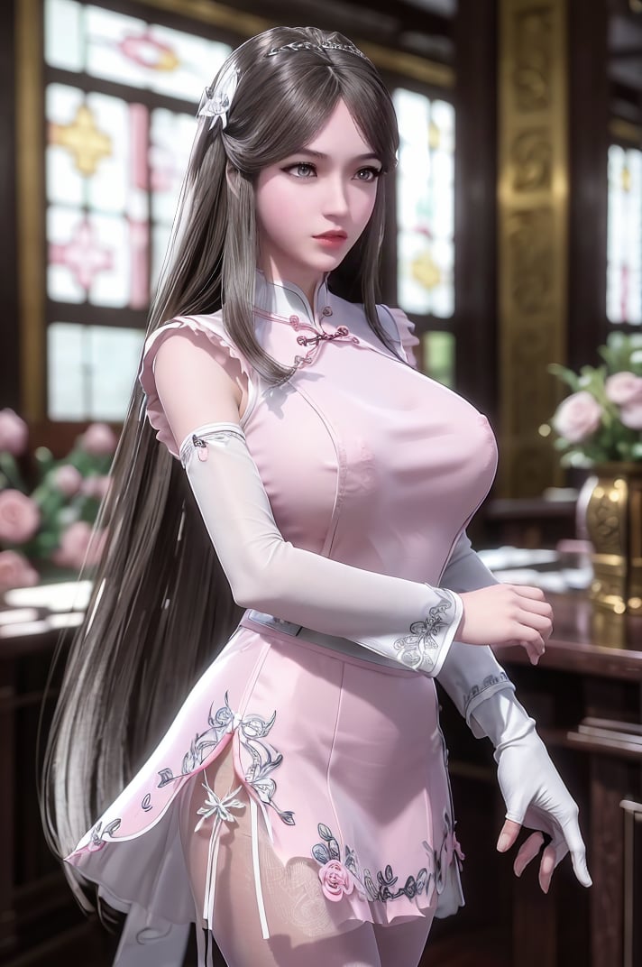 best quality,masterpiece,1girl,white transparent skirt,hair_ornament,flowers,gloves,(transparent pantyhose:1.1),indoor,flowers,huge breasts,<lora:宁荣荣 (4):0.6>,the perfect hand,long black hair,(pink  cheongsam:1.2),bar,standing,