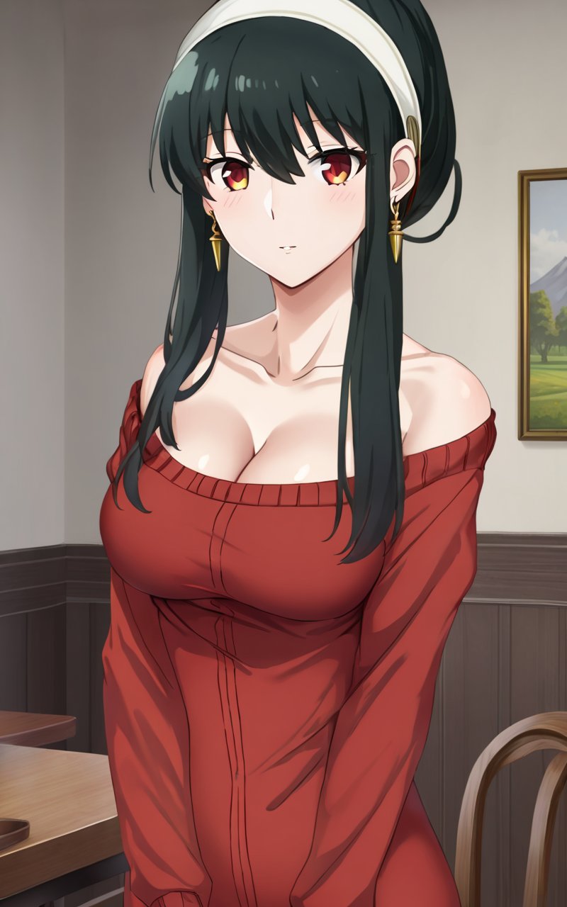 1girl, <lora:sdxl-sf-yor_briar:0.9>, yor briar, yor forgfer, updo (folded ponytail hair pulled back), (Folded tied hair) , long length red sweater_dress, off shoulder, long sleeves collarbone cleavage, dining room, black pantyhose, white hairband , black hair sideburns, (slanted eyes) red eyes, medium breasts, shiny hair, bangs, gold earrings, long locks, hair between eyes, skindentation flustered look 