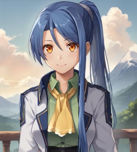 score_9, score_8_up, score_7_up, source_anime, BREAK,<lora:TrailsOfColdSteel-ClassVII:0.9>, Laura S Arseid, long hair, ponytail, blue hair, orange eyes, medium breasts,  white jacket, yellow neckwear, green shirt, black corset, black thighhighs, black shorts, white belt, white boots,BREAK,1girl, solo, happy, looking at viewer, upper body, portrait,BREAK,kokura_masashiBREAK,1girl, outdoors, sky, clouds, distant mountains,