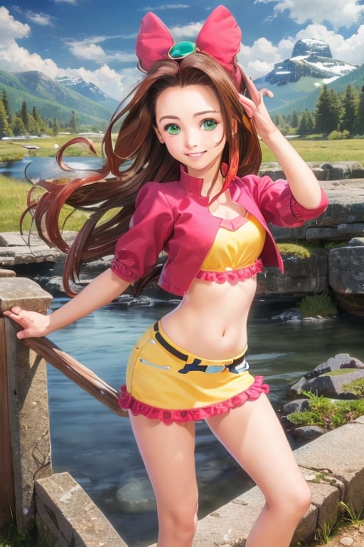 1girl, sthsara, long hair, brown hair, forehead, green eyes, hair bow, jacket, miniskirt, navel, puffy sleeves, short sleeves, smile, looking at viewer, standing, mountain, river <lora:sara_sth-000005:1>