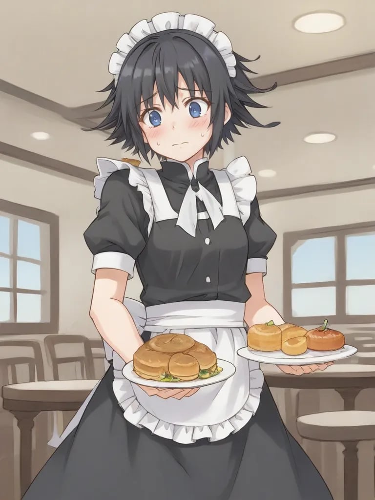 <lora:AnnieEilenbergAtelierAnnie:0.7>1girl, solo, annieatelier, short hair, black hair, blue eyes, black dress, short sleeves, puffy sleeves, waist apron, headdress, maid outfit, indoors, restaurant, standing, holding, plate, food, nervous,