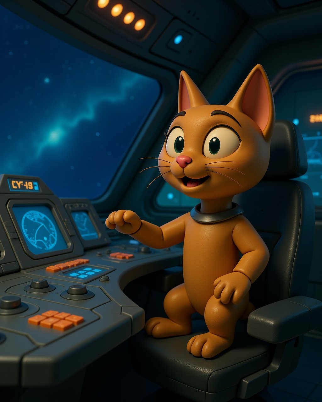 space cats,  an adult cat sitting in the pilot seat of a futuristic spaceship cockpit,  paws on the controls by ThalisAI o...