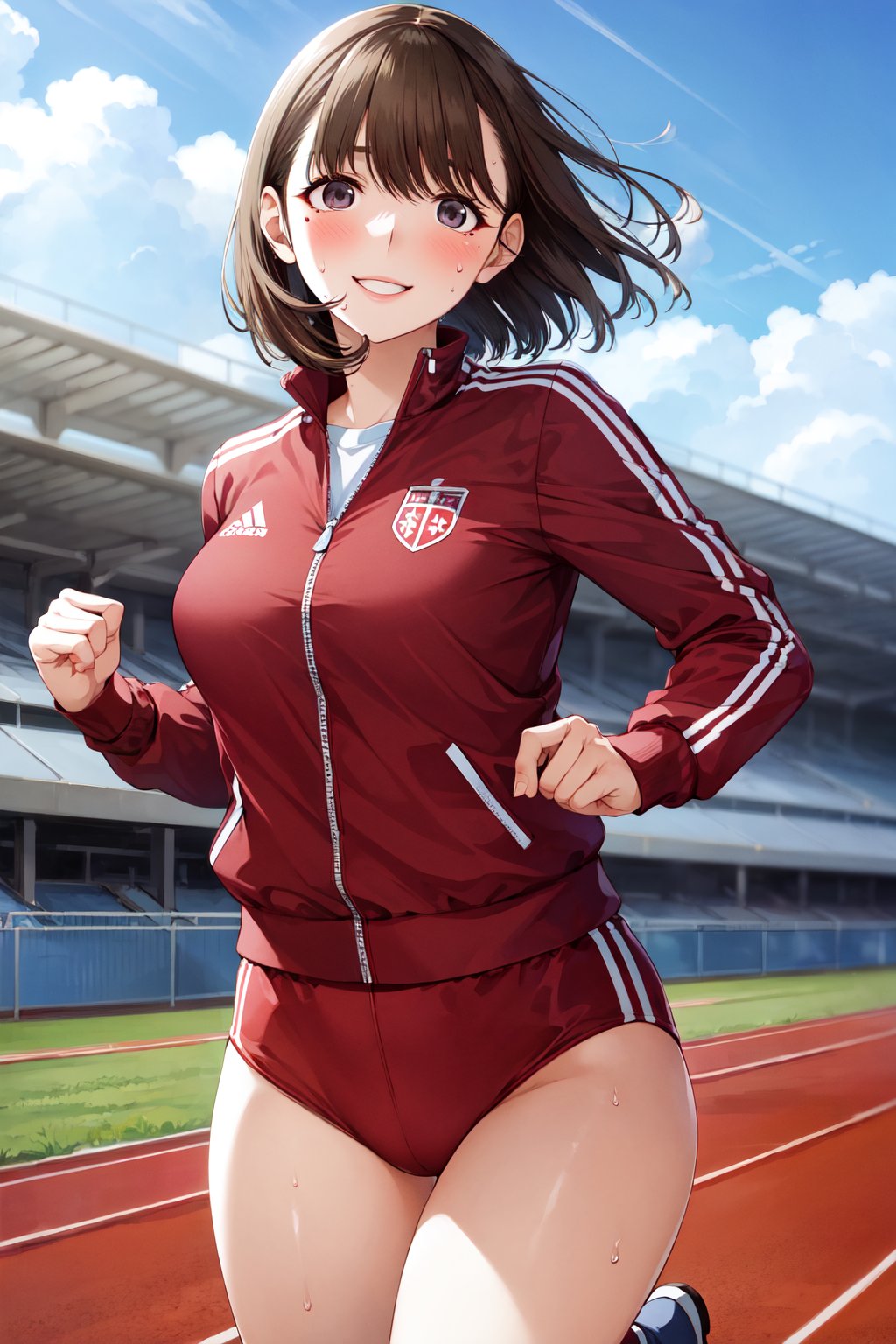 masterpiece, best quality, highres, aanene, short hair, <lora:anegasaki_nene_v1:0.7>, track jacket, buruma, running, running track, sweat, cowboy shot, smile