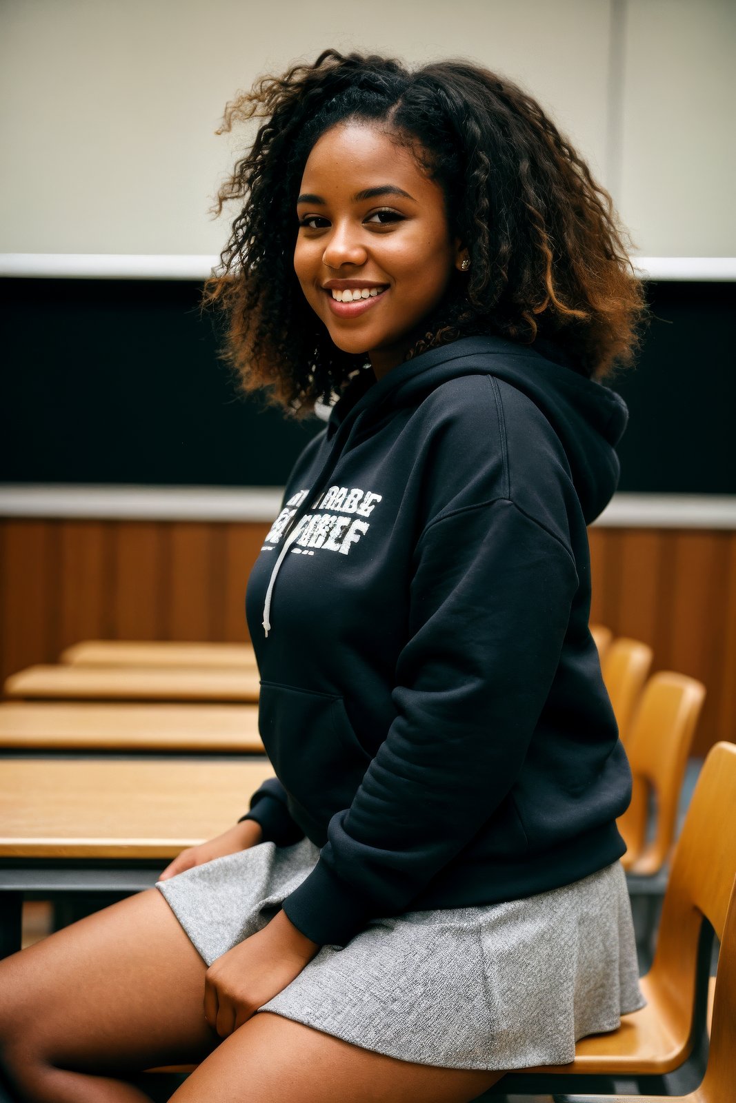 a beautiful 21-year-old black college girl, curvy, curly hair, girl next door, (naughty smile), (wearing oversized hoody and short skirt), from side, sitting in a university lecture hall, interior, messy hair, film grain, (bokeh:1.3), Porta 160 color, shot on ARRI ALEXA 65, sharp focus on subject, Fujifilm XT-3