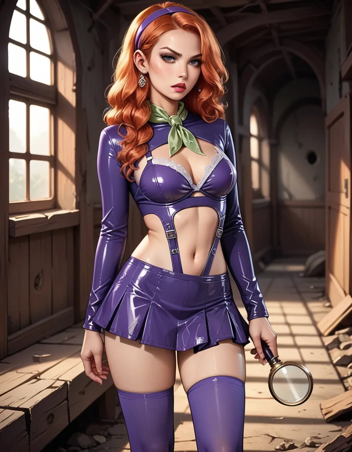 score_9, score_8_up, score_7_up, score_6_up, score_5_up, score_4_up, source_anime, 1girl, makeup, lipstick, long ginger hair, looking at viewer, hud_dphne, navel, purple latex leotard, skirt, bra, clothing cutout, long sleeves, thighhighs, shiny clothes, hairband, neckerchief, <lora:daphne-000008:0.7>, abandoned house, broken windows, broken wood, dirty, dark, magnifying glass