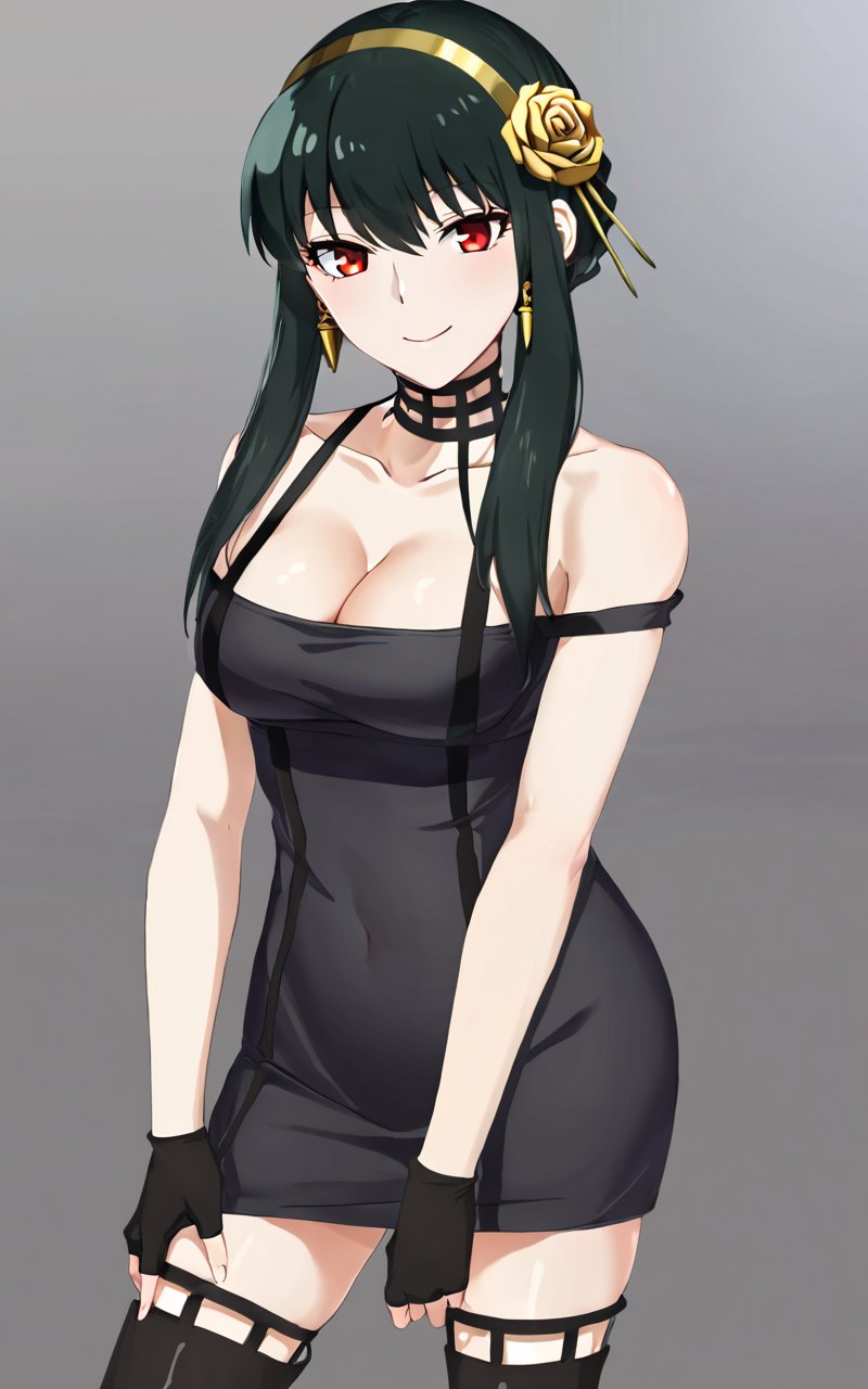 1girl, <lora:sdxl-sf-yor_briar:0.9>, yor briar, ibarahime, (slanted eyes), angry  updo (folded ponytail hair pulled back), (Folded tied hair), (bare_shoulders off shoulder black slit dress, black fingerless_gloves, gold hairband with hair flower, gold rose ornament, black thighhighs, high heel boots, collarbone, cleavage) , black hair sideburns, (slanted eyes) red eyes, medium breasts, shiny hair, bangs, gold earrings, long locks, hair between eyes, skindentation smile :> 