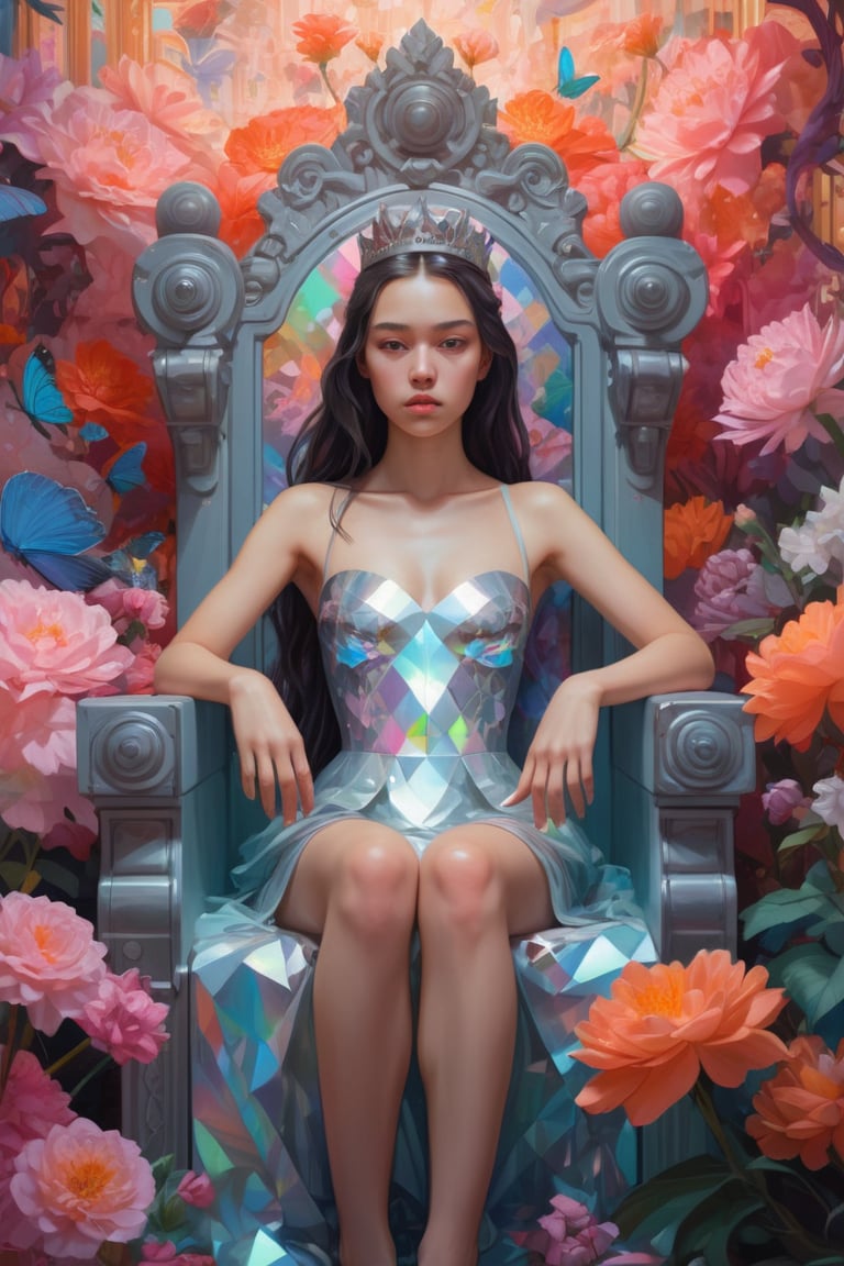 princess girl sitting on her throne, surroundedby flowers, fairytale princess, iridescent colors, pixelated chaos, hyper-detailed illustrations, fantasy realism, iridescent, the style of kris knight, street art aesthetic, zhang kechun, high detail, post-internet aesthetics, blink-and-you-miss-it detail uhd image, symbolist paintings