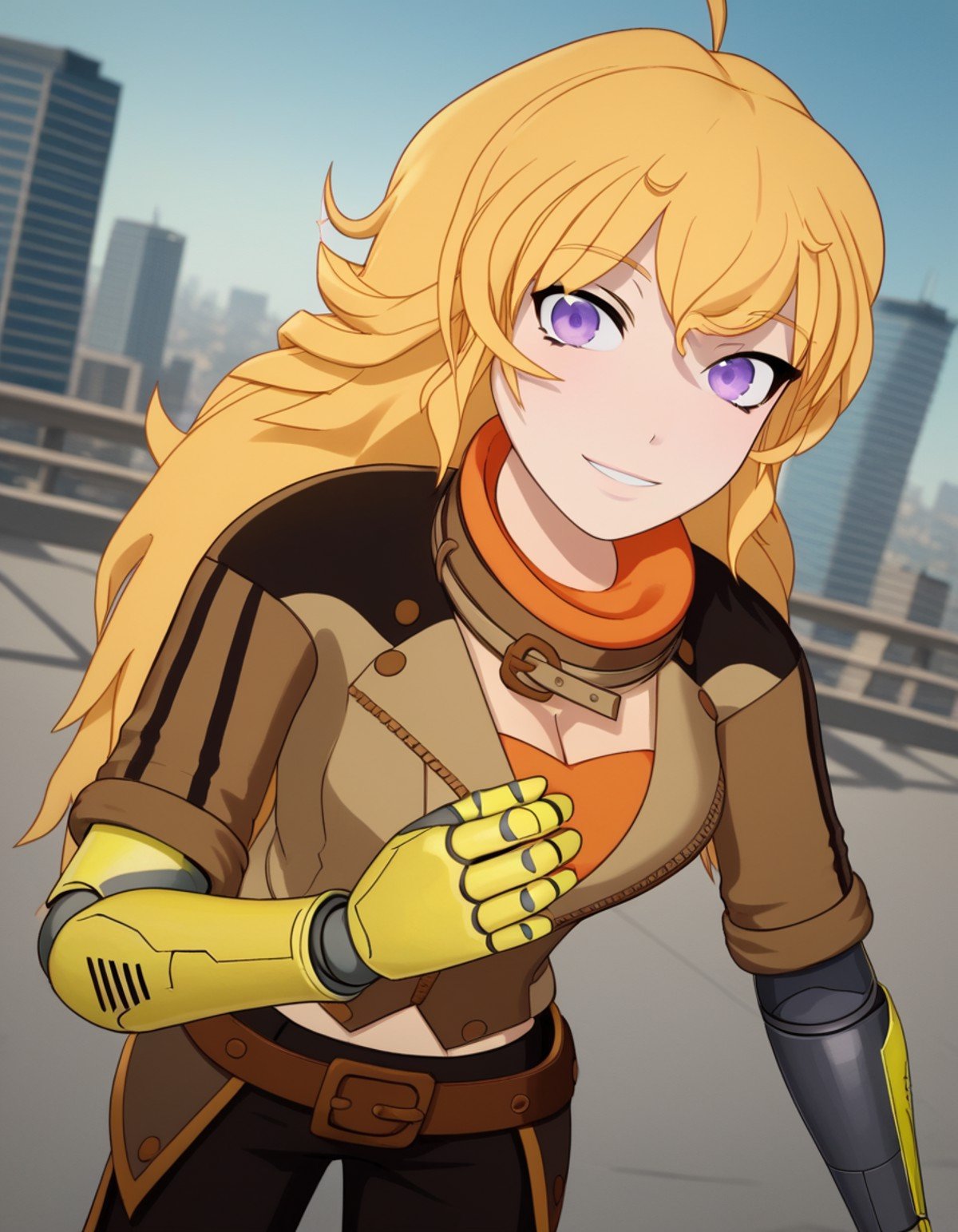 score_9, score_8_up, score_7_up, source_anime, <lora:yang-xiao-long-ponyxl-lora-nochekaiser:1>, yang xiao long, long hair, blonde hair, purple eyes, ahoge, bangs,, cleavage, jacket, belt, mechanical arms, single mechanical arm, prosthesis, prosthetic arm,, cityscape, street, bent over, smile, looking at viewer, solo, cowboy shot, dutch angle