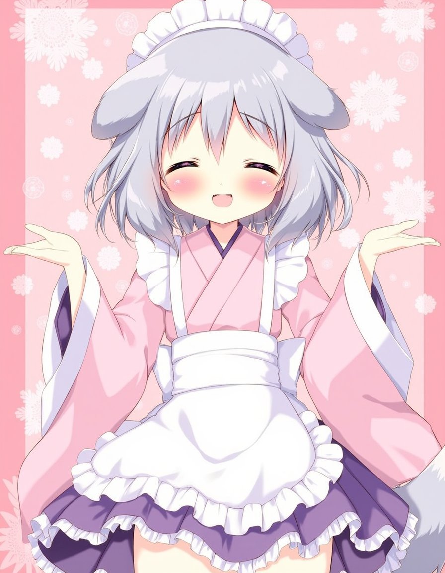 shiratama_(shiratamaco), commentary_request, highres, 1girl, ;d, animal_ears, apron, blush, dog_ears, dog_girl, dog_tail, floral_background, frilled_apron, frilled_sleeves, frills, grey_hair, hair_between_eyes, hand_up, japanese_clothes, kimono, long_sleeves, looking_at_viewer, maid, maid_apron, maid_headdress, one_eye_closed, pink_background, pink_kimono, pleated_skirt, purple_skirt, red_eyes, , skirt, sleeves_past_wrists, smile, solo, tail, thighhighs, wa_maid, white_apron, white_thighhighs, wide_sleeves, , original, year_2023,, <lora:flux-Shiratamaco-000008:1>